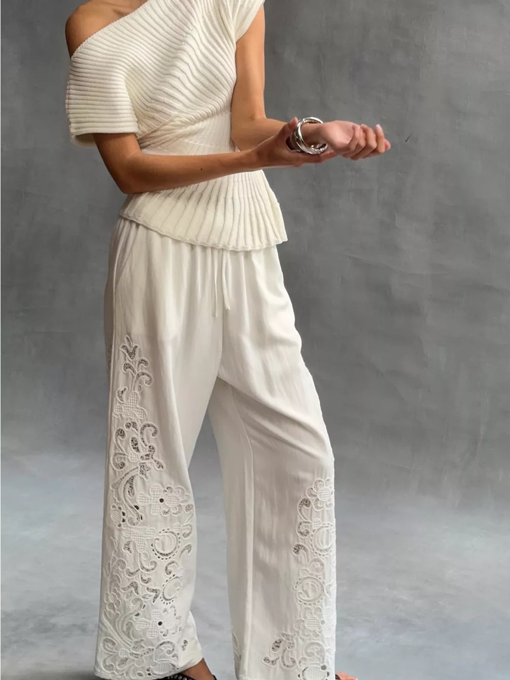 NVLT White Wide-Leg Embroidered Drawstring Pants